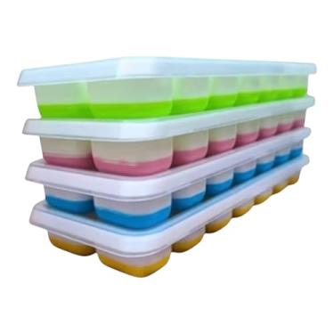 Imagem de Kit 4 Forminhas de Gelo com 14 cubinhos cada, Fundo Flexível em Silicone, Extração Fácil, Empilhável e Higiênica, gelos para todas sus necessidades de bebidas geladas.