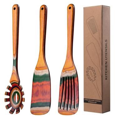 Imagem de O conjunto de utensílios de cozinha Pakkawood de 3 peças inclui garfo de macarrão, espátulas planas de cabo longo, conjunto de espátula com fenda, conjunto de colher de cozinha antiaderente colorida
