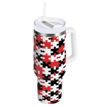 Imagem de Wassud Copo de quebra-cabeça vermelho preto com alça e tampa de canudo copo isolado garrafa de água de aço inoxidável à prova de vazamento caneca de viagem presentes para mulheres 850 g