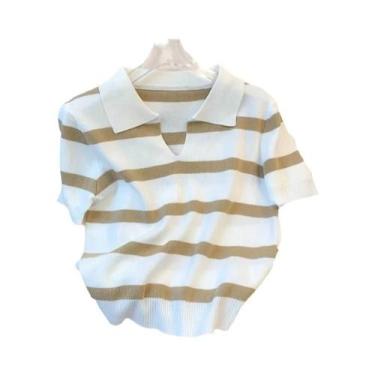 Imagem de Suéter Cropped Feminino Com Gola E Estampa Listrada, Manga Curta, Tric