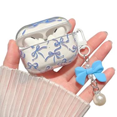 Imagem de MINSCOSE Capa transparente para AirPods Pro 2ª/1ª geração, lindo design de laço de fita com lindo chaveiro de pérola, capa protetora de TPU macio à prova de choque para Airpods Pro/Pro 2-azul escuro