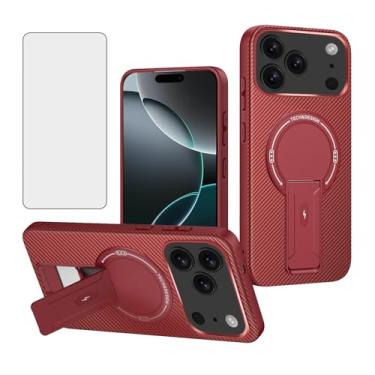 Imagem de Asuwish Capa de telefone para iPhone 17 Pro 6,3 polegadas capa de fibra de carbono magnética com protetor de tela de vidro temperado e suporte protetor fino acessórios de celular macio i Phone17 i17