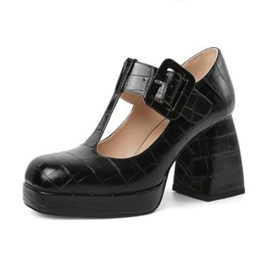 Imagem de YODEKS Sapato social feminino salto alto bico quadrado Mary Jane salto grosso plataforma, Preto - A, 36
