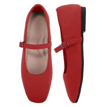 Imagem de VUN Sapatilhas de malha femininas – Sapatilhas de balé de bico quadrado com alça ajustável no tornozelo e suporte de arco, sapatos Mary Jane para escritório elegante e conforto casual, Vermelho, 34