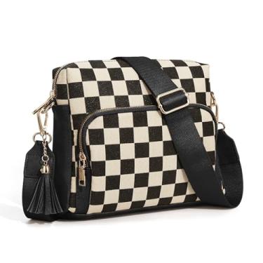 Imagem de Bolsa tiracolo feminina xadrez listrada pochete bolsa de peito para compras no trabalho, Preta (bolsa com vários bolsos)