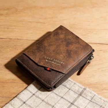 Imagem de Carteira masculina retrô marrom claro com alça horizontal em relevo em couro sintético, design horizontal marrom claro retrô com alça, couro sintético em relevo