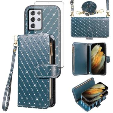 Imagem de Capa carteira compatível com Samsung Galaxy S21 Ultra 5G com zíper para celular e protetor de tela, alça transversal, flip com glitter, porta-cartões, capa para celular para S21ultra 21S S 21 21ultra