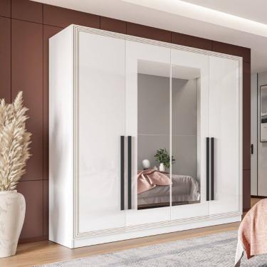 Imagem de Guarda Roupa Roupeiro 4 portas 4 gavetas com Espelho Valência Branco Politorno Móveis