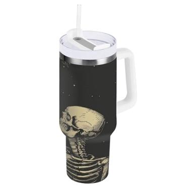Imagem de SEHANY Copo Skull Gothic de 850 g com alça, copo isolado de aço inoxidável a vácuo de parede dupla, à prova de vazamento, copo de viagem isolado cabe no suporte de copo de carro