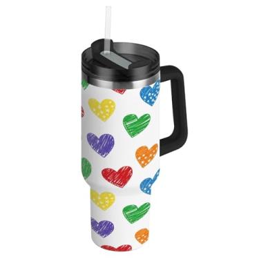 Imagem de ATTX Copo de giz de cera de 1,134 g com alça, copo de aço inoxidável a vácuo de parede dupla com palha, caneca de café de viagem isolada #578