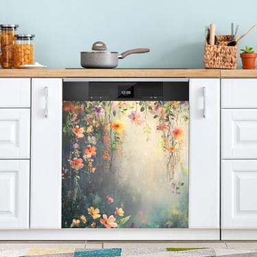 Imagem de SEHANY Capa magnética colorida com flores de jardim Monet para máquina de lavar louça, adesivos magnéticos decorativos antiarranhões para painel de geladeira e lava-louças, decoração de flores de