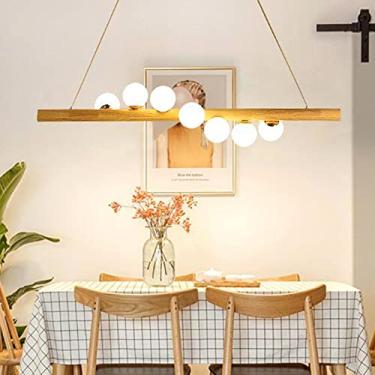 Imagem de Luminária pendente LED moderna para mesa de jantar, luminária de madeira com luz quente de 3000K e cúpula de vidro, altura ajustável, ideal para escritório, restaurante, quarto e sala de est