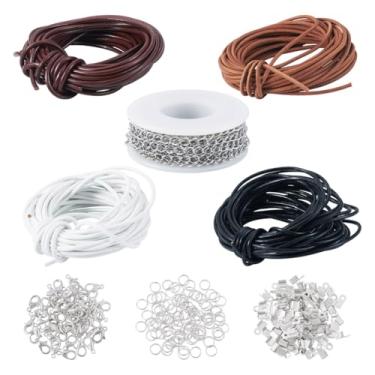 Imagem de Beadthoven Cordão de couro redondo para kit de fabricação de joias 20 m, 2 mm, cordões de couro bovino, 5 m, 304, correntes torcidas de aço inoxidável 304, 250 peças, achados de joias, colar para