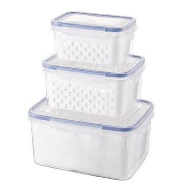 Imagem de potes Organizadores Geladeira Herméticos Cozinha Alimentos Com Cesto Removível Lavar Frutas(3 peças Cinza)