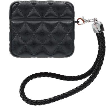 Imagem de Capa MC Fashion para AirPods 4, capa protetora acolchoada de couro PU com cordão trançado padrão de diamante fino compatível com AirPods 4ª geração (2024) (preto)