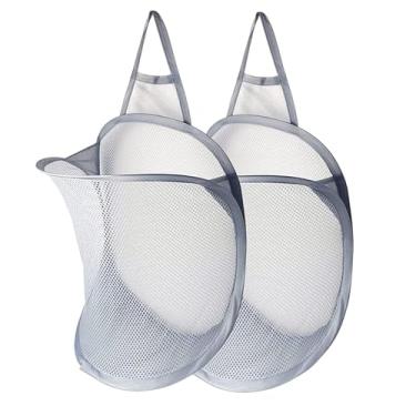 Imagem de 2 peças de cesto de roupa suja dobrável com alça de malha cesto de roupas portátil dobrável para dormitório, lavanderia, banheiro, viagem, armazenamento, cinza