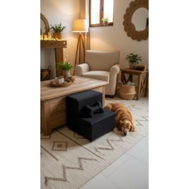 Imagem de Escadinha Pet 2 Degraus para Cachorro Pequeno e Gato, Escadinha para Sofá e Cama, Espumada com Almofada Osso, 42x30x32 cm (Preto)