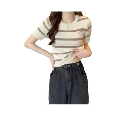 Imagem de Camiseta Feminina De Malha Listrada De Manga Curta Slim Fit Verão 2023