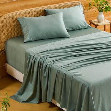 Imagem de Bedlifes Lençóis com bolso profundo 45 a 61 cm, algodão egípcio Queen Size 1000 fios, 4 peças - serve para colchões extra grossos, refrescantes e respiráveis (verde sálvia)