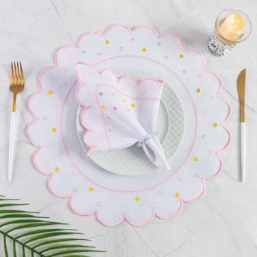 Imagem de Jogo Americano Com Guardanapo Bordado 6 Lugares 12 Peças Poá Branco Bordado Rosa