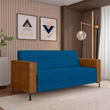 Imagem de Sofá Living Decorativo Houston 2 Lugares 160cm Pés em Metal Veludo/ PU Azul/ Caramelo G33 - Gran Belo