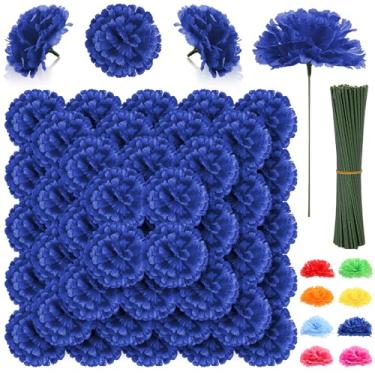 Imagem de 108 peças de flores de cabeça de cravo com haste, flores artificiais azuis royais, cravos a granel – 8,89 cm, cravos de seda azul, flor falsa para buquê de casamento, decoração de mesa de festa de