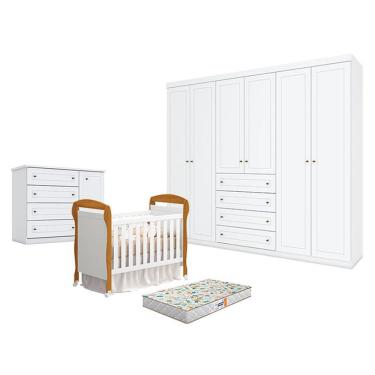 Imagem de Quarto De Bebê Americano 6 Portas Com Berço Danny Branco Acetinado Savana Reller E Colchão Gazin - Henn.