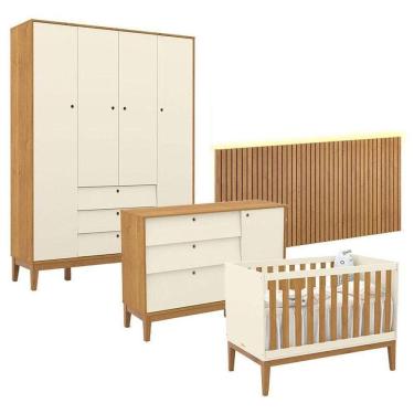Imagem de Quarto De Bebê Unique 4 Portas Com Cômoda Sapateira E Painel Ripado Com Led Off White Freijó Eco Wood - Matic