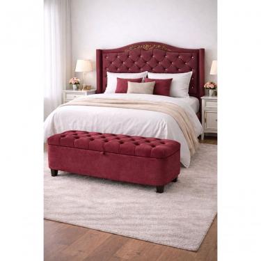Imagem de Kit De Quarto Lisboa Cabeceira De Cama Box E Calçadeira Baú Casal 140 Cm Suede Bordo Eli Móveis E Decoração