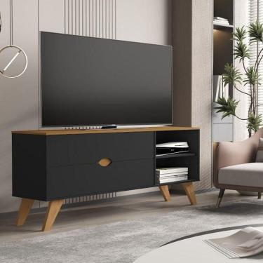 Imagem de Rack Para Tv Até 55 Polegadas Homero Com Gavetas E Pés De Madeira Preto/cedro