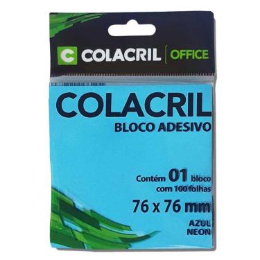 Imagem de Bloco Adesivo Colacril 76MM X 76MM 100 Folhas para Anotações Recados e Marcações Azul Neon
