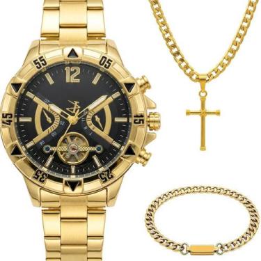 Imagem de Relogio masculino dourado + cordão cruz + pulseira grumet casual relig