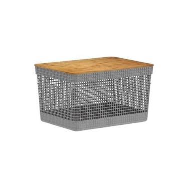 Imagem de Cesto organizador Ou 20L com tampa de bambu Linha Grid, Chumbo