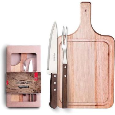 Imagem de Kit Para Churrasco 3 Peças Garfo Faca E Tábua Madeira - Simonaggio