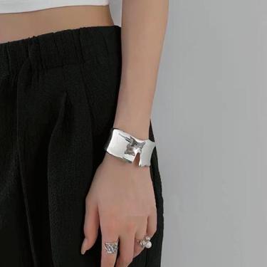 Imagem de Bracelete Grosso Largo Aço Inoxidável Orgânico Abstrato Curva Minimali
