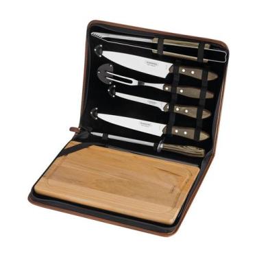 Imagem de Kit Churrasco com Tábua 7 Peças Tramontina 21198965 com Estojo Castanh
