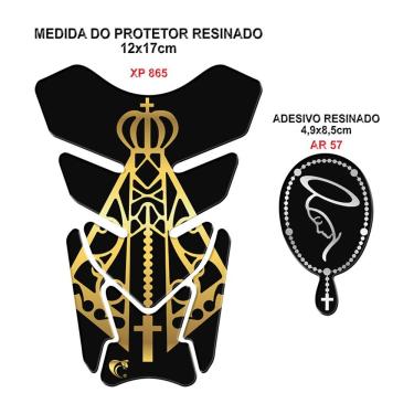 Imagem de Kit Protetor de Tanque Resinado Nossa Senhora e Decorativo Moto Dourado Preto PVC Teu Adesivo