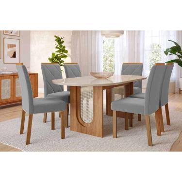 Imagem de Conjunto de Jantar Valentina 6 Lugares Tampo em MDF com Cadeiras Estofadas em Linho Cinza 210CM Cimol Móveis