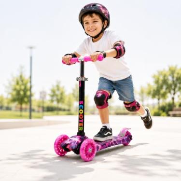 Imagem de Patinete Infantil com Luzes LED, 4 Rodas PU, Design Galáxia Rosa e Roxo, Altura Ajustável (Rosa Estelar)