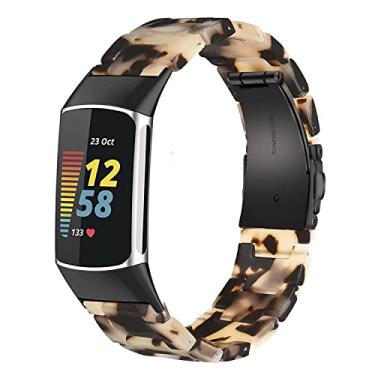 Imagem de Wongeto Bandas de resina compatíveis com Fitbit Charge 5, acessório de resina feminino masculino ouro rosa fivela pulseira Blacelet para Fitbit Charge 5 (pedra tortoise Stone)