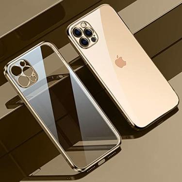 Imagem de Capa de telefone TPU transparente com placa galvanizada quadrada para iPhone 13 12 11 Pro Max Mini XS XR X 8 7 Plus SE 2020 Capa fina e macia, Dourada, Para iPhone 12 Pro
