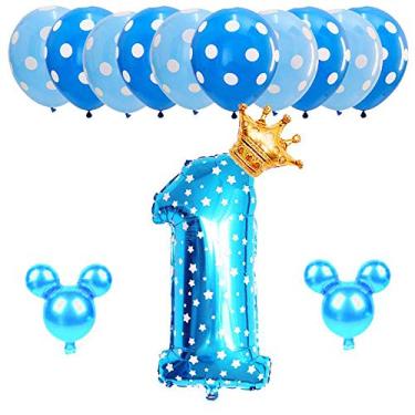 Imagem de Hongkai Tema de coroa de rato azul 1º aniversário decoração menino bebê suprimentos de festa de primeiro aniversário azul um faixa de feliz aniversário 81 cm número 1 conjunto de balões de Mylar