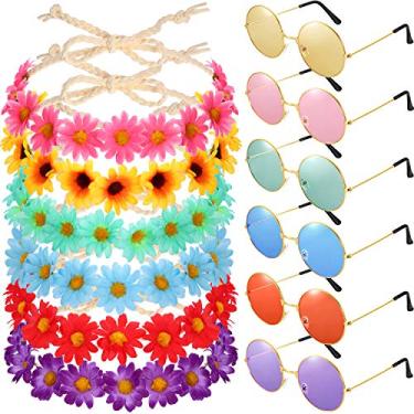 Imagem de Conjunto de 12 peças de óculos de fantasia hippie, inclui 6 peças de coroa de flor de girassol para meninas multicoloridas, 6 peças de óculos de sol Hippie redondos para festas de festivais
