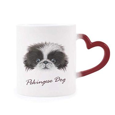 Imagem de Caneca preta e branca fofa de morfar animal de estimação cão Pequinês sensível ao calor copo de coração vermelho