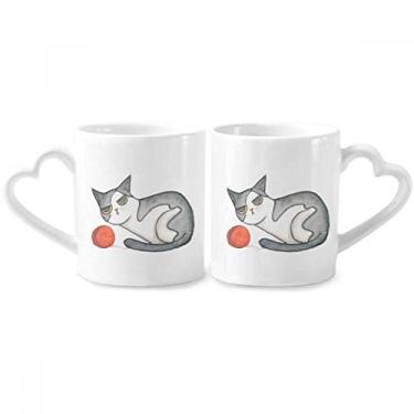 Imagem de Miaoji Pintura Aquarela Fantoche Gato Casal Porcelana Conjunto de Caneca Amante Cerâmica Alça Coração