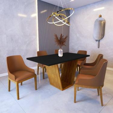 Imagem de Mesa De Jantar Safira 1,6m Preto Com 6 Cadeiras Tec. Sintético Caramelo Madeira Maciça Castanho