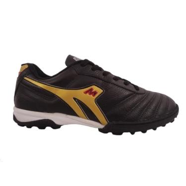 Imagem de Chuteira Society Mathaus Azurra Couro com Biqueira Costurada Adulto Preto/Dourado