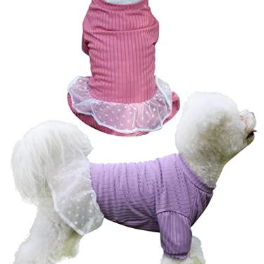 Imagem de JoyDaog 2 peças de vestidos de verão para cães pequenos, fantasias de festa de aniversário para cães, saia de cachorro, camiseta para casamento, rosa e roxo, P