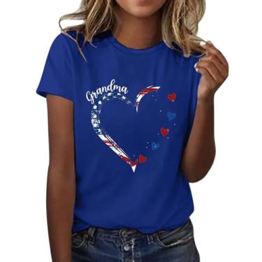 Imagem de Camiseta feminina com bandeira americana do Dia Memorial 4 de julho, roupas de família com bandeira dos EUA, camiseta de verão, Azul, GG