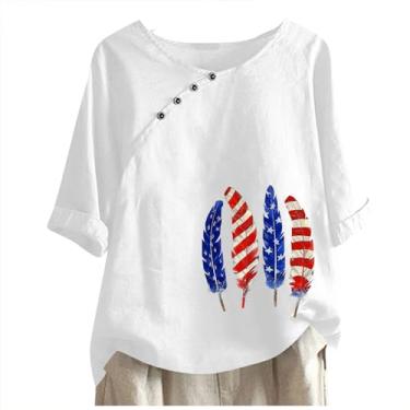 Imagem de Camiseta feminina de verão Independence Day, meia manga, gola V, botão lateral, estampa floral, blusa cropped casual feminina, Branco, M